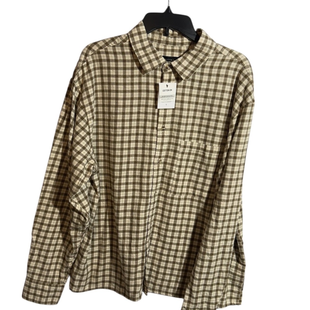 Cotton on Men's Tribeca Oversized Long Sleeve Shirt Stone Mini Check L - Picture 4 of 16